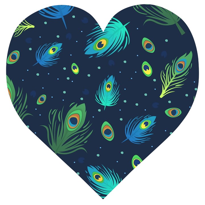 Texture Pattern Green Feather Yellow Peacock Wooden Puzzle Heart