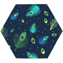 Texture Pattern Green Feather Yellow Peacock Wooden Puzzle Hexagon by Loisa77