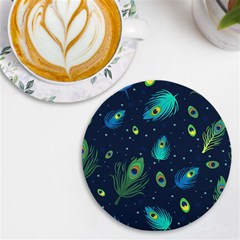 Texture Pattern Green Feather Yellow Peacock Uv Print Round Tile Coaster by Loisa77