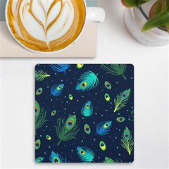 Texture Pattern Green Feather Yellow Peacock Uv Print Square Tile Coaster  by Loisa77