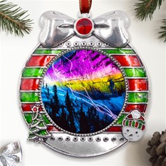 Night Skiing Colored Dead Grateful Lights Mountain Metal X mas Ribbon With Red Crystal Round Ornament by Loisa77