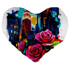 City Rose 2-gigapixel-art-scale-4 00x Large 19  Premium Heart Shape Cushions by BrightWear