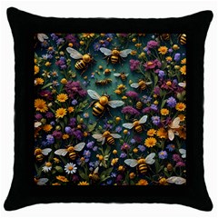 Bees Colony Flowers Throw Pillow Case (black) by Loisa77