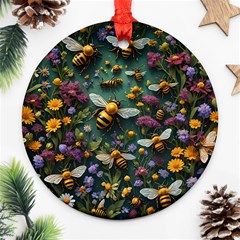 Bees Colony Flowers Round Ornament (two Sides)