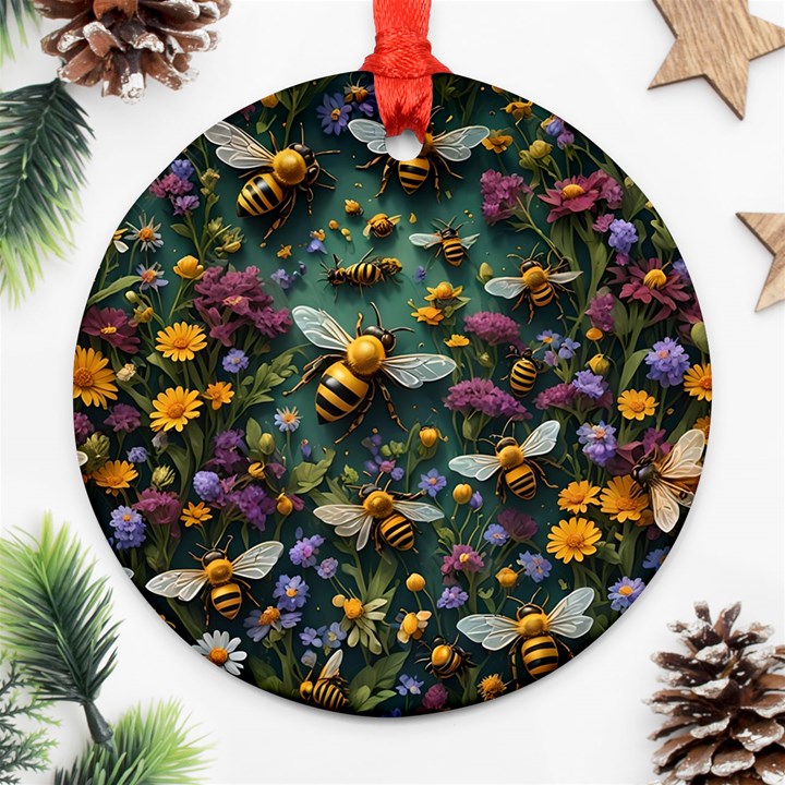 Bees Colony Flowers Round Ornament (Two Sides)