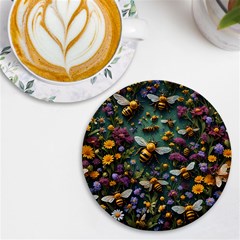 Bees Colony Flowers Uv Print Round Tile Coaster by Loisa77