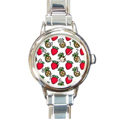 Strawberries Pineapples Fruits Round Italian Charm Watch by Loisa77