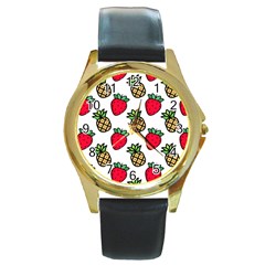 Strawberries Pineapples Fruits Round Gold Metal Watch by Loisa77