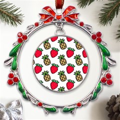 Strawberries Pineapples Fruits Metal X mas Wreath Ribbon Ornament