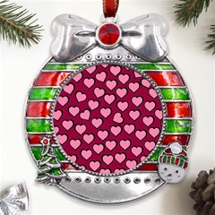 Pattern Pink Abstract Heart Metal X mas Ribbon With Red Crystal Round Ornament by Loisa77