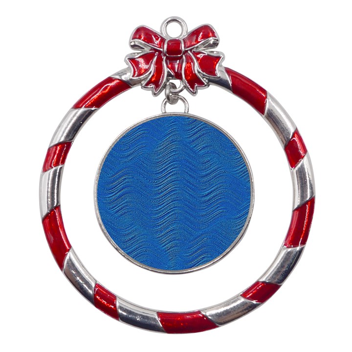 Blue Wave Abstract Texture Seamless Metal Red Ribbon Round Ornament