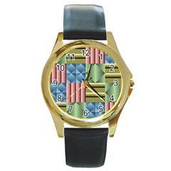 Patchwork Tile Pattern Mosaic Round Gold Metal Watch by Loisa77