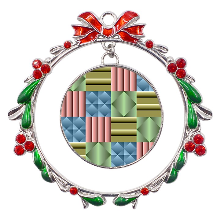 Patchwork Tile Pattern Mosaic Metal X mas Wreath Ribbon Ornament