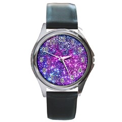 Purple Violet Glitter Galaxy Nebula Space Pattern Round Metal Watch by Perong