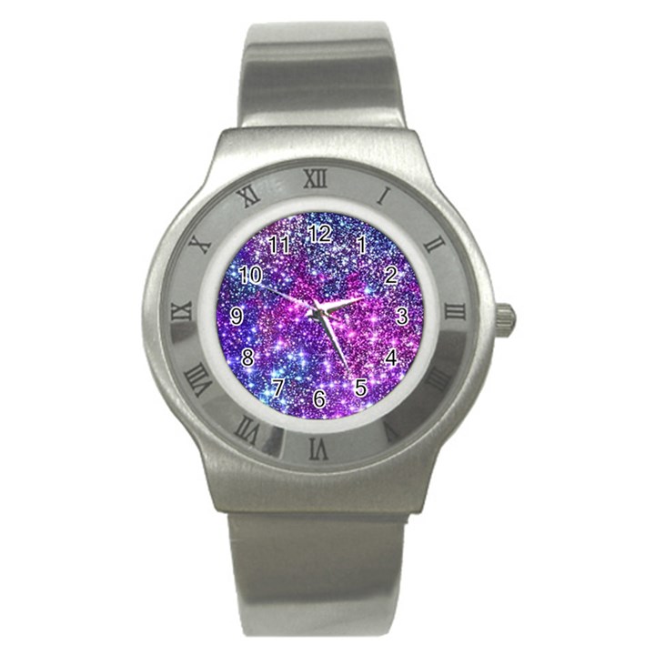 Purple Violet Glitter Galaxy Nebula Space Pattern Stainless Steel Watch