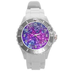 Purple Violet Glitter Galaxy Nebula Space Pattern Round Plastic Sport Watch (L)