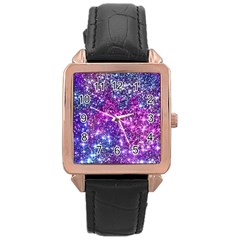 Purple Violet Glitter Galaxy Nebula Space Pattern Rose Gold Leather Watch 