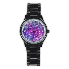 Purple Violet Glitter Galaxy Nebula Space Pattern Stainless Steel Round Watch by Perong