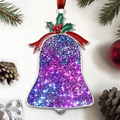 Purple Violet Glitter Galaxy Nebula Space Pattern Metal Holly Leaf Bell Ornament