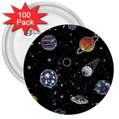 Glittering Planets Space Galaxy Glitter Black 3  Buttons (100 Pack)  by Perong