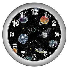 Glittering Planets Space Galaxy Glitter Black Wall Clock (silver) by Perong