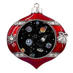 Glittering Planets Space Galaxy Glitter Black Metal Snowflake And Bell Red Ornament by Perong