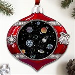 Glittering Planets Space Galaxy Glitter Black Metal Snowflake And Bell Red Ornament Front