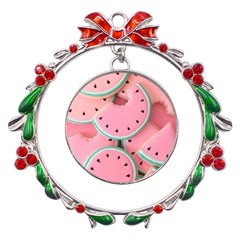 Aesthetic Cute Kawaii Watermelon Metal X mas Wreath Ribbon Ornament by Perong