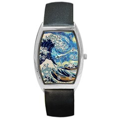 The Great Wave Of Kanagawa Painting Barrel Style Metal Watch by Perong