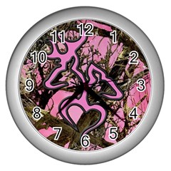 Pink Browning Deer Glitter Camo Wall Clock (Silver)