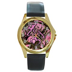 Pink Browning Deer Glitter Camo Round Gold Metal Watch