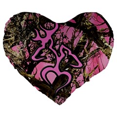 Pink Browning Deer Glitter Camo Large 19  Premium Flano Heart Shape Cushions