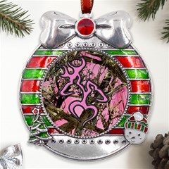 Pink Browning Deer Glitter Camo Metal X Mas Ribbon With Red Crystal Round Ornament