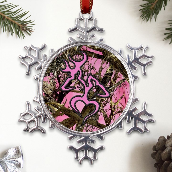 Pink Browning Deer Glitter Camo Metal Large Snowflake Ornament