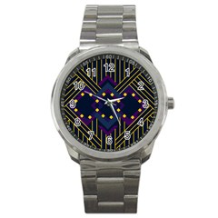 Line Square Pattern Violet Blue Yellow Design Sport Metal Watch by Ravend