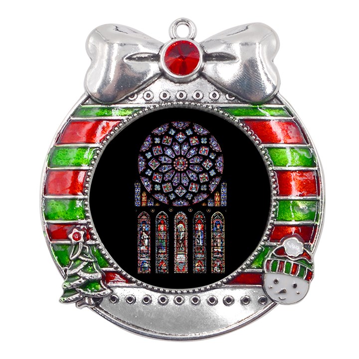 Chartres Cathedral Notre Dame De Paris Stained Glass Metal X Mas Ribbon With Red Crystal Round Ornament