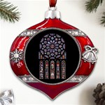 Chartres Cathedral Notre Dame De Paris Stained Glass Metal Snowflake And Bell Red Ornament Front