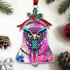 Owl Dreamcatcher Metal Holly Leaf Bell Ornament