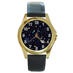 Starry Night  Space Constellations  Stars  Galaxy  Universe Graphic  Illustration Round Gold Metal Watch by Grandong