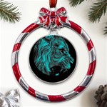 Angry Male Lion Predator Carnivore Metal Red Ribbon Round Ornament Front