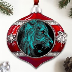 Angry Male Lion Predator Carnivore Metal Snowflake And Bell Red Ornament