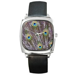 Peacock Bird Feathers Plumage Peacock Square Metal Watch by Perong