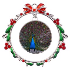 Bird Peacock Feathers Metal X mas Wreath Ribbon Ornament