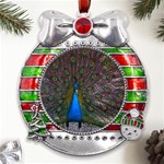 Bird Peacock Feathers Metal X Mas Ribbon With Red Crystal Round Ornament Front