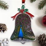 Bird Peacock Feathers Metal Holly Leaf Bell Ornament Front