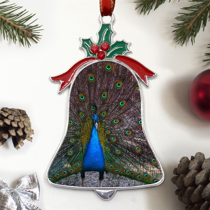 Bird Peacock Feathers Metal Holly Leaf Bell Ornament