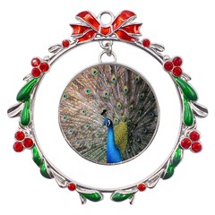 Peacock Bird Animal Peafowl Metal X mas Wreath Ribbon Ornament by Perong