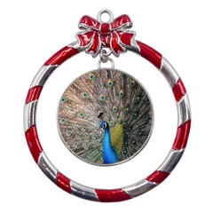 Peacock Bird Animal Peafowl Metal Red Ribbon Round Ornament by Perong