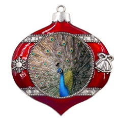 Peacock Bird Animal Peafowl Metal Snowflake And Bell Red Ornament by Perong