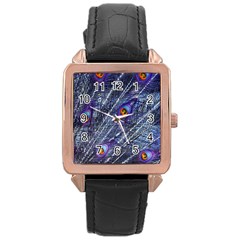 Peacock Bird Feathers Coloured Plumage Rose Gold Leather Watch  by Perong